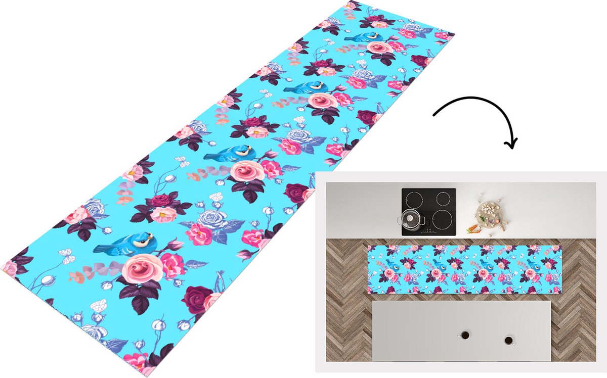 KitchenYeah Keukenloper - Loper keuken - Vogel - Bloemen - Patronen - 240x60 cm - Keukenloper vinyl Multicolor
