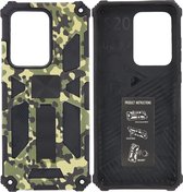Hoesje Geschikt Voor Samsung Galaxy S20 Ultra Hoesje - Rugged Extreme Backcover Army Camouflage met Kickstand - Groen