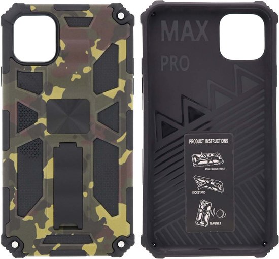 Hoesje Geschikt voor iPhone 11 Pro Max Hoesje - Rugged Extreme Backcover Army Camouflage met Kickstand - Groen