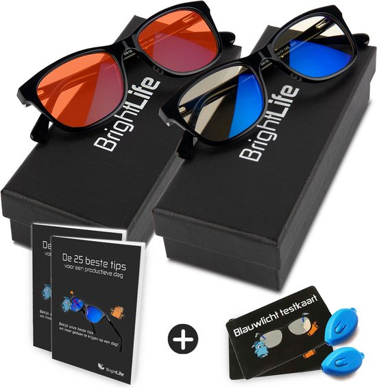 BrightLife Blauw licht filter bril - Bundelpack Focus® en Relax® - Computerbril - Beeldschermbril - Blue light glasses - voor overdag en 's avonds - Meest Complete Pakket voor hogere Productiviteit en betere Nachtrust
