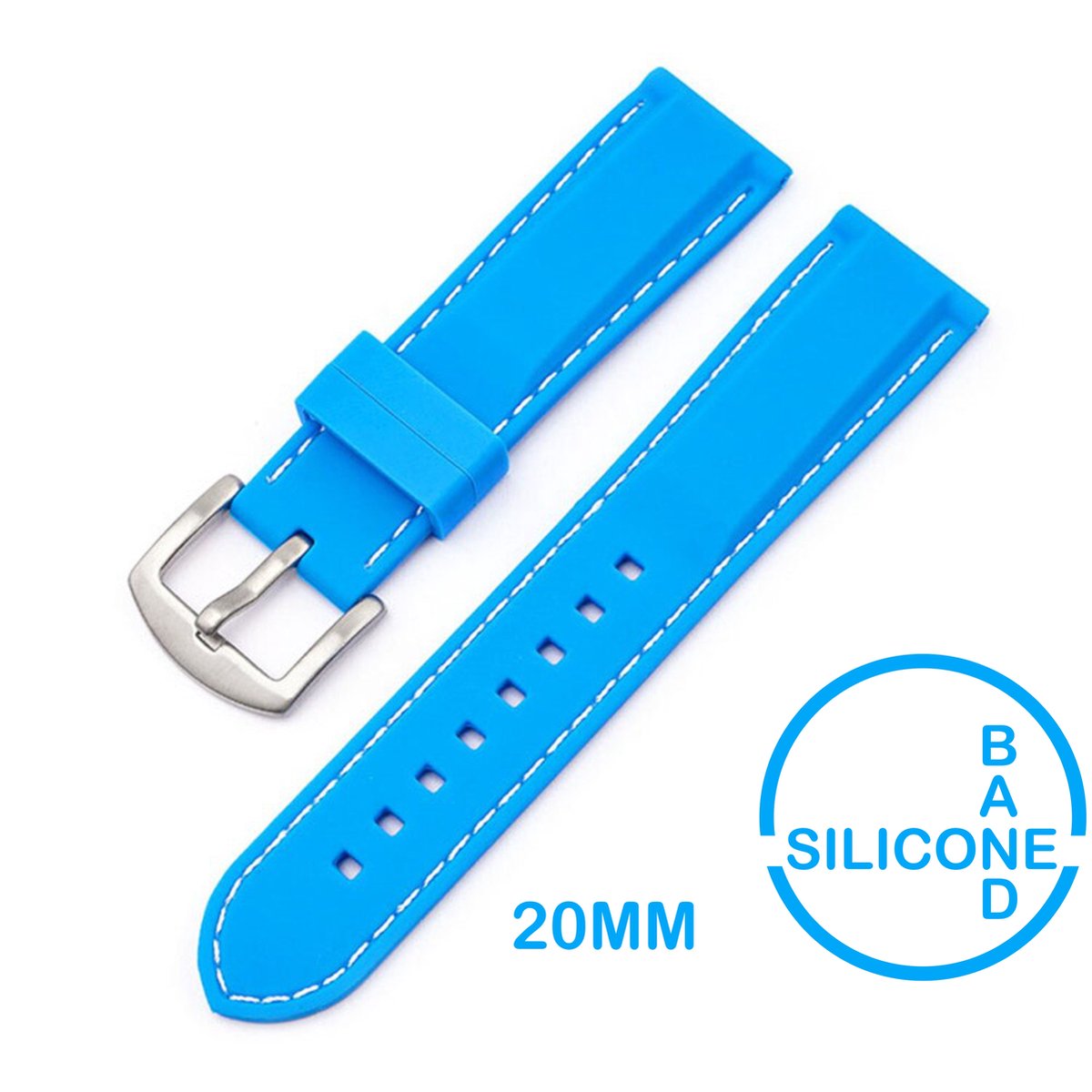 20mm Rubber Siliconen horlogeband Lichtblauw met witte stiksels passend op o.a Casio Seiko Citizen en alle andere merken - 20 mm Bandje - blauw - licht blauw - Horlogebandje horlogeband