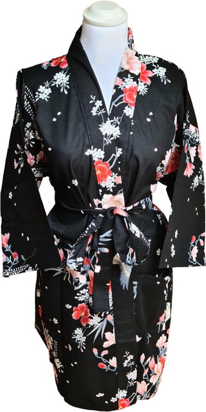 DongDong - Short kimono original japonais - Katoen - Motif Fleurs - Zwart - L