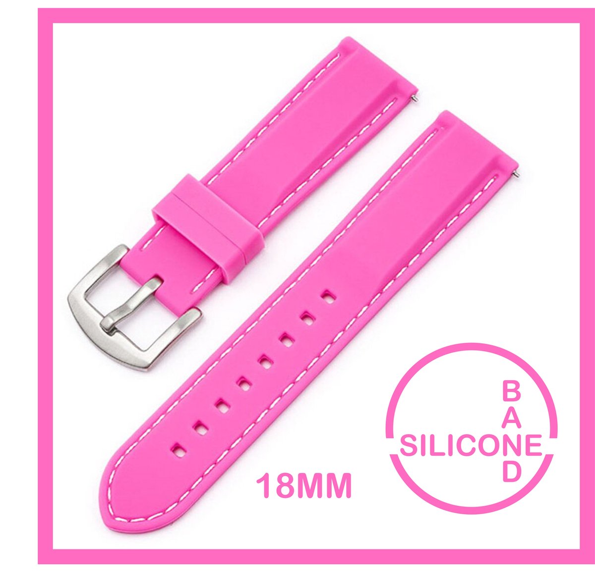 18mm Rubber Siliconen horlogeband Roze met witte stiksels passend op o.a Casio Seiko Citizen en alle andere merken - 18 mm Bandje - Horlogebandje horlogeband