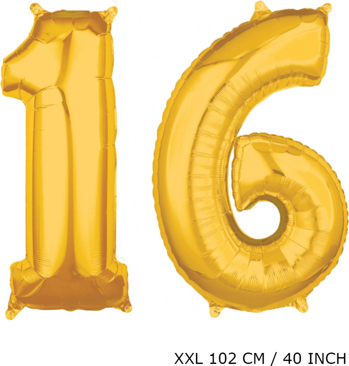 Mega grote XXL gouden folie ballon cijfer 16 jaar. leeftijd verjaardag 16 jaar. 102 cm 40 inch. Met rietje om ballonnen mee op te blazen.