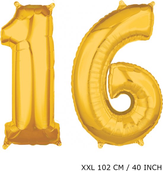 Mega grote XXL gouden folie ballon cijfer 16 jaar.  leeftijd verjaardag 16 jaar. 102 cm 40 inch. Met rietje om ballonnen mee op te blazen.