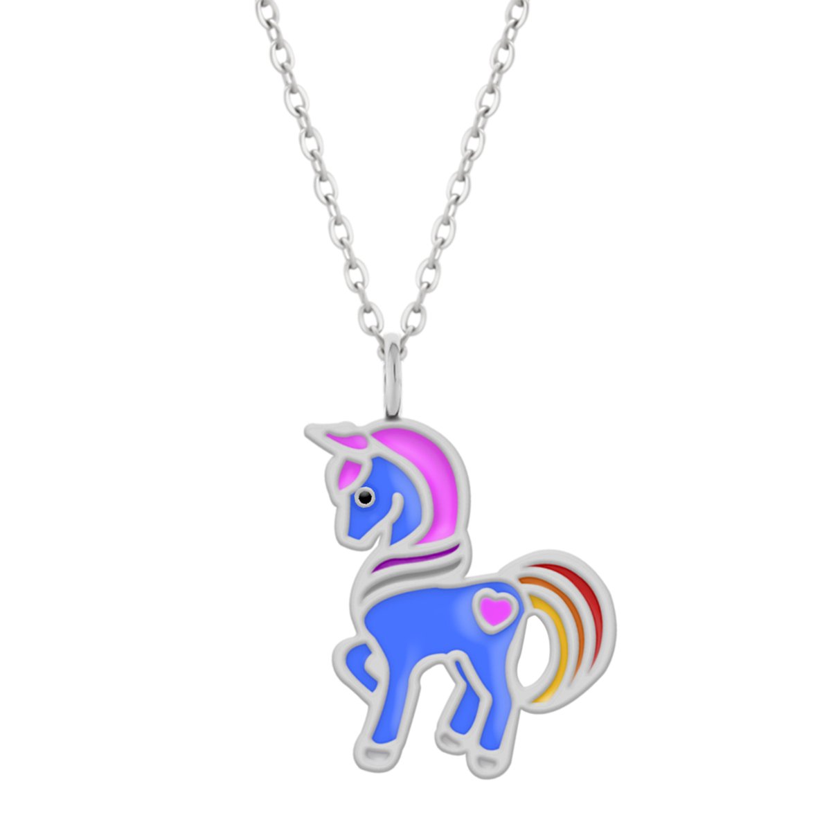 Zilveren ketting meisjes | Eenhoorn ketting | Zilveren ketting met hanger, blauwe eenhoorn of paard met roze hartje op de bil