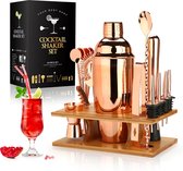 VINICS® - cocktail set met bamboe standaard - 16pcs - cocktail shaker set - Rose Goud