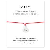 Bixorp Friends Vriendschapsarmbandje met "Mom" Zilverkleurig Hartje - Rood Bandje - Moeder / Dochter Armband - Moederdag Cadeau