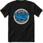 1942 Limited Edition | Feest Kado T-Shirt Heren - Dames | Wit - Blauw | Perfect Verjaardag Cadeau Shirt | Grappige Spreuken - Zinnen - Teksten | Maat M