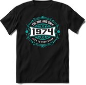 1974 The One And Only | Feest Kado T-Shirt Heren - Dames | Cobalt - Wit | Perfect Verjaardag Cadeau Shirt | Grappige Spreuken - Zinnen - Teksten | Maat XL