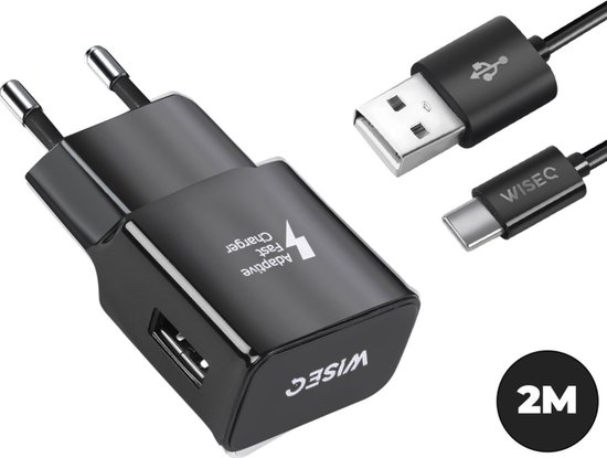 WISEQ Oplader voor Samsung - Inclusief USB C oplaadkabel van 2 meter - zwart