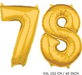 Mega grote XXL gouden folie ballon cijfer 78 jaar. Leeftijd verjaardag 78 jaar. 102 cm 40 inch. Met rietje om ballonnen mee op te blazen.