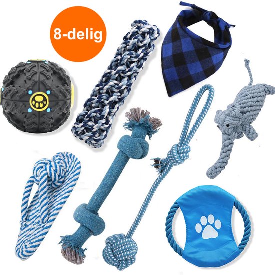 RoiPets® Honden Speelgoed Set Geschikt Voor Puppy’s t/m Middelgrote Honden – Hondenspeeltjes – 8 stuks – Honden Speelgoed Intelligentie – Voedingsbal – Honden Knuffel - Honden Bandana