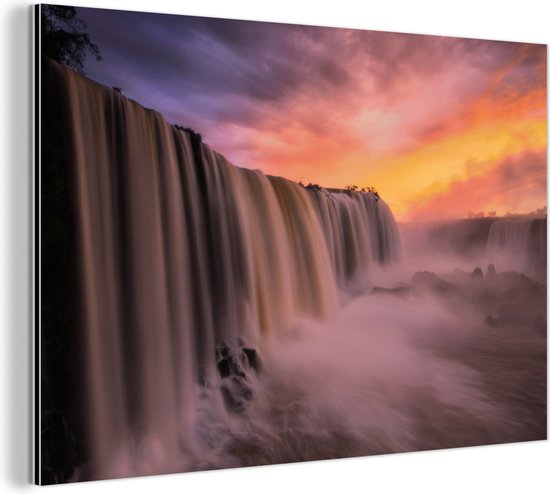 Wanddecoratie Metaal - Aluminium Schilderij Industrieel - Waterval - Zonsondergang - Natuur - 150x100 cm - Dibond - Foto op aluminium - Industriële muurdecoratie - Voor de woonkamer/slaapkamer