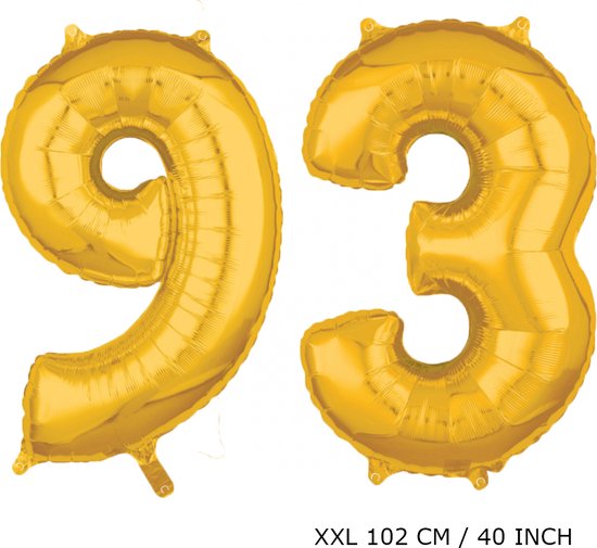Mega grote XXL gouden folie ballon cijfer 93 jaar. Leeftijd verjaardag 93 jaar. 102 cm 40 inch. Met rietje om ballonnen mee op te blazen.