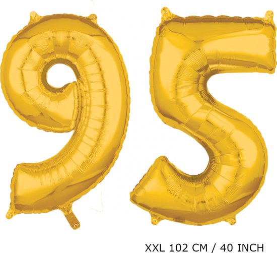 Mega grote XXL gouden folie ballon cijfer 95 jaar. Leeftijd verjaardag 95 jaar. 102 cm 40 inch. Met rietje om ballonnen mee op te blazen.