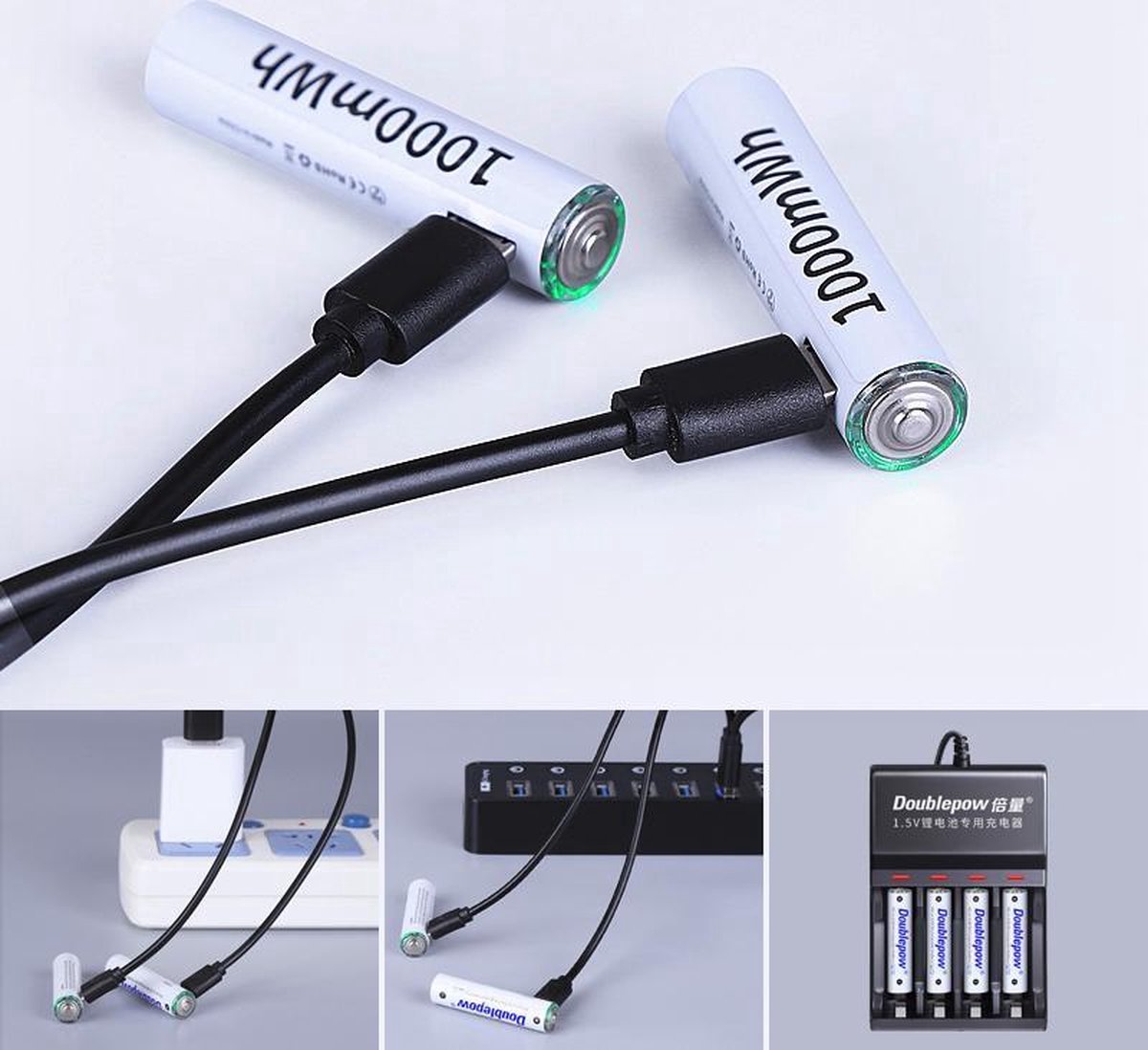 Doublepow micro USB Oplaadbare Li-ion AAA Batterij 1000mWh - Oplaadbaar via micro USB( 2 Stuks)