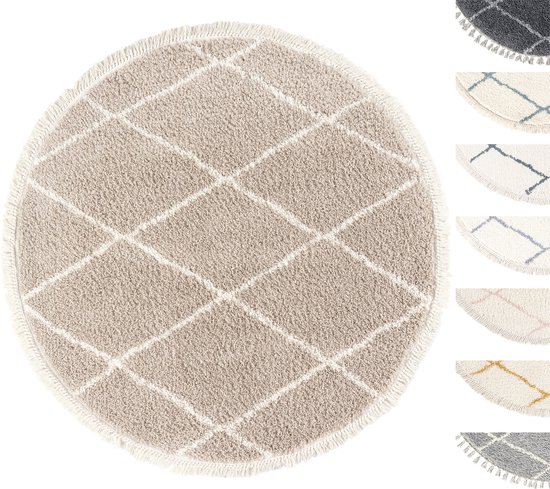 Tapis Salon Shaggy Rond 120cm Beige, Tapis de Chambre à Poils longs, Dessin Diamant, Tapis de Sol Super doux, Style berbère