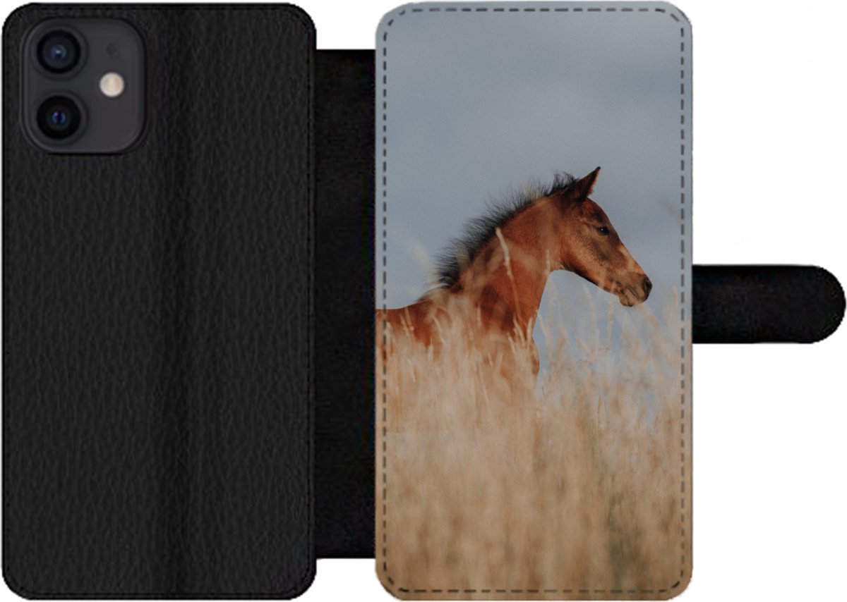 Telefoonhoesje Geschikt voor iPhone 12 telefoonhoesje - Paard - Lucht - Gras - Met vakjes - Wallet case met magneetsluiting