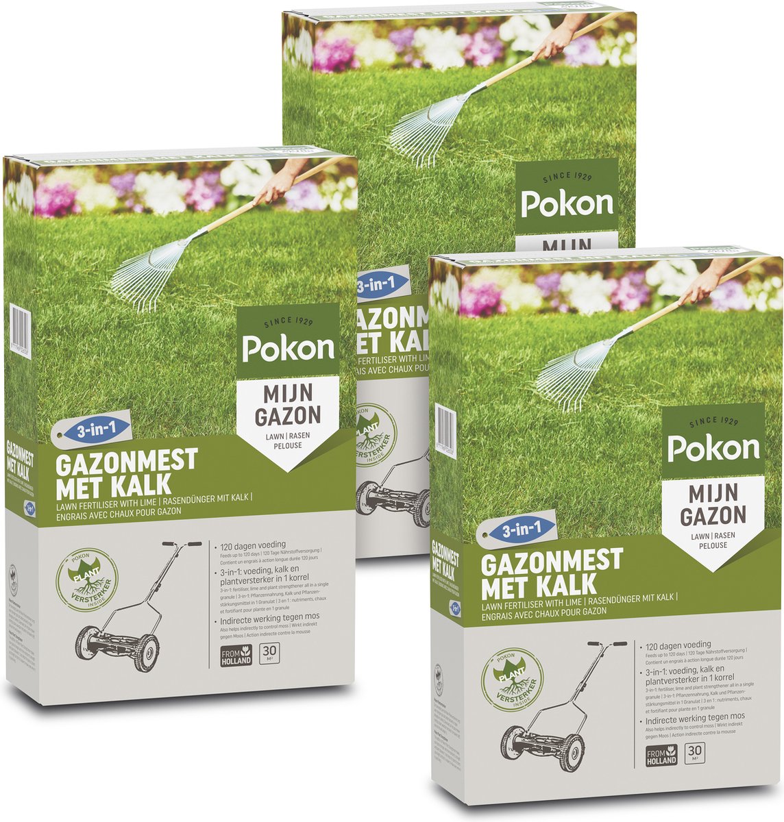 Pokon Gazonmest met Kalk - 3 x 2kg - Mest - Geschikt voor 3 x 30m² - 120 dagen voeding - Voordeelverpakking