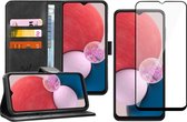 Samsung Galaxy A13 4G Hoesje - Book Case Leer Wallet Cover Portemonnee Pasjeshouder Hoes Zwart - Full Tempered Glass Screenprotector