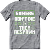 Gamers don't die pixel T-shirt | Groen | Gaming kleding | Grappig game verjaardag cadeau shirt Heren – Dames – Unisex | - Donker Grijs - Gemaleerd - S