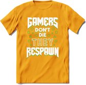 Gamers don't die T-shirt | Groen | Gaming kleding | Grappig game verjaardag cadeau shirt Heren – Dames – Unisex | - Geel - 3XL