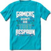 Gamers don't die T-shirt | Neon | Gaming kleding | Grappig game verjaardag cadeau shirt Heren – Dames – Unisex | - Blauw - 3XL
