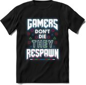 Gamers don't die T-shirt | Neon | Gaming kleding | Grappig game verjaardag cadeau shirt Heren – Dames – Unisex | - Zwart - 3XL