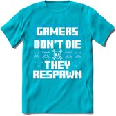 Gamers don't die pixel T-shirt | Blauw | Gaming kleding | Grappig game verjaardag cadeau shirt Heren – Dames – Unisex | - Blauw - S