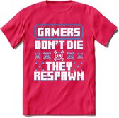 Gamers don't die pixel T-shirt | Blauw | Gaming kleding | Grappig game verjaardag cadeau shirt Heren – Dames – Unisex | - Roze - XL