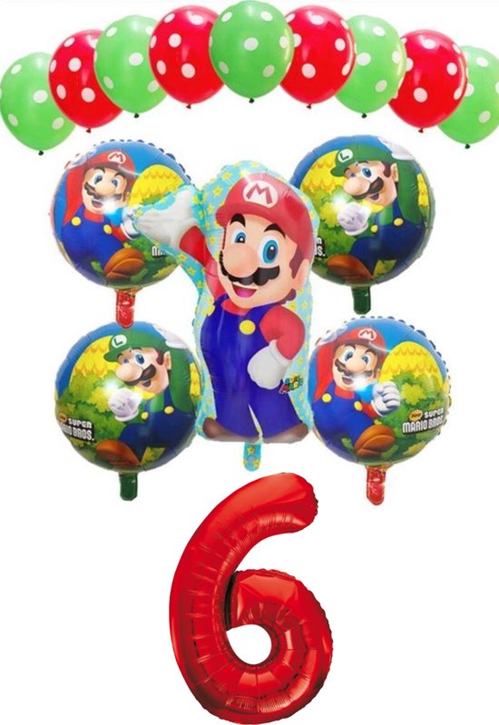 Super Mario - Luigi - ballon set - thema - ballonnen - 6 jaar - verjaardagballonnen - groen - rood met Cijferballon 6 jaar