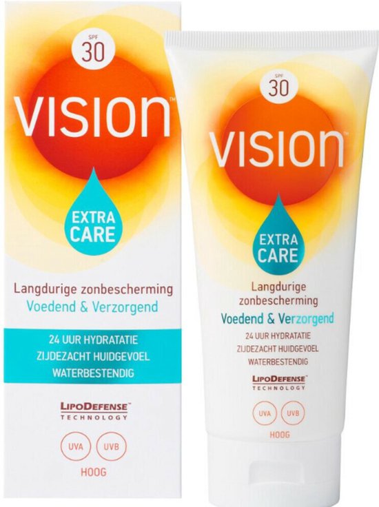 Vision Extra Care zonnebrandcrème SPF 30 in tube en doos. Langdurige zonbescherming, voeding en verzorging. 24 uur hydratatie, zijdezacht huidgevoel, waterbestendig.