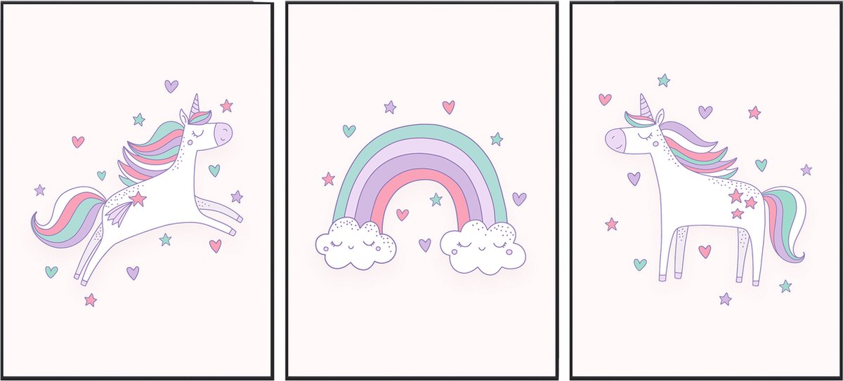 No Filter - Poster set –Unicorn Posters - 3 stuks 21x30 cm – Meisjeskamer