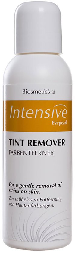 Biosmetics Intensive Tint Remover fles met witte dop. Tekst: FARBENTFERNER, for a gentle removal of stains on skin.