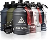 ARIES ATTACK Drinkfles van roestvrij staal, 2 liter, met 2 sluitingen, BPA-vrij, stabiel en lekvrij, 2,2 liter waterfles voor fitness, crossfit, gym en outdoor, geschikt voor koolz