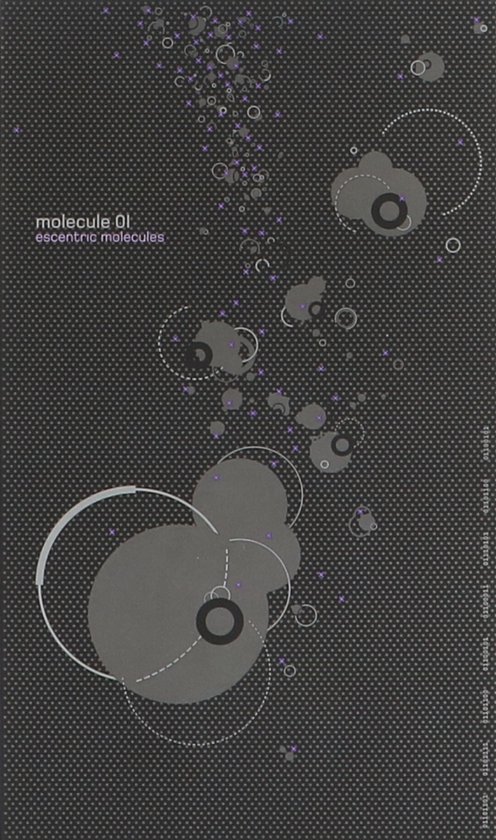 Zwarte doos met een subtiel rasterpatroon, paarse stippen en abstracte cirkels. Tekst 'molecule 01 escentric molecules'.