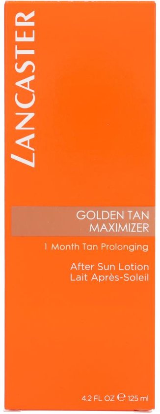Oranje Lancaster verpakking voor "Golden Tan Maximizer 1 Month Tan Prolonging After Sun Lotion". Inhoud 125 ml.