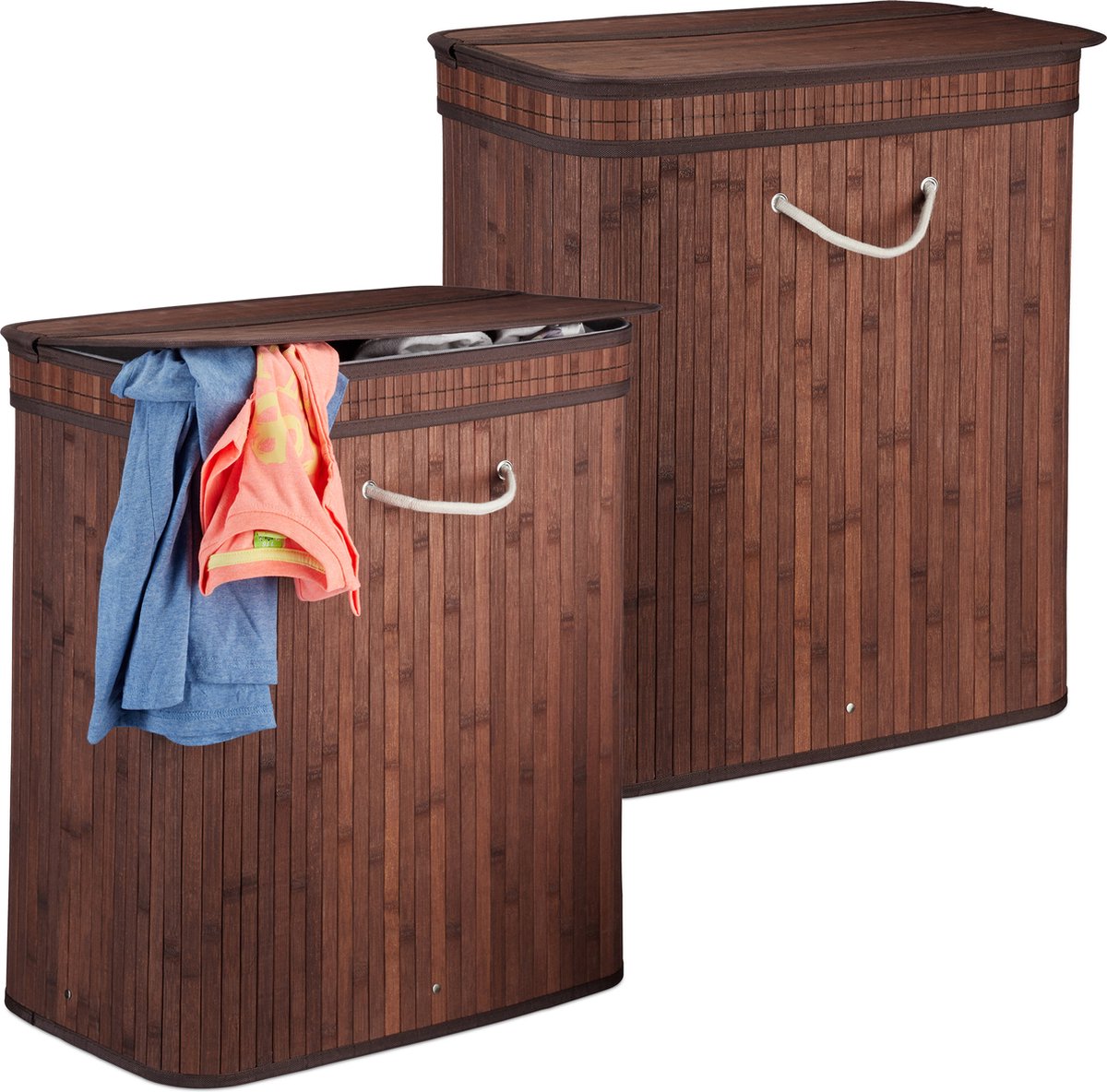 Goedkoopste 2x wasmand met deksel - 2 vakken - bamboe wasbox - mand voor wasgoed - bruin