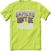 Gamers don't die T-shirt | Paars | Gaming kleding | Grappig game verjaardag cadeau shirt Heren – Dames – Unisex | - Groen - L
