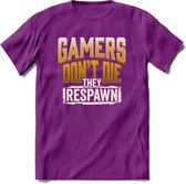 Gamers don't die T-shirt | Geel | Gaming kleding | Grappig game verjaardag cadeau shirt Heren – Dames – Unisex | - Paars - XL