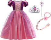 Het Betere Merk - Prinsessenjurk meisje - Roze / Paarse jurk - maat 146/152 (150) - Verkleedkleding meisje - Kroon - Tiara - Carnavalskleding Kind - Kleed - Haarband met vlecht - Magische toverstaf