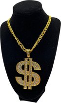 Dollar Sign Chain, Ketting, Hanger, Goudkleurig, Dolla, Dollarteken, Pimp, Gangster, Rapper, Baas