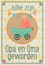 Jullie zijn opa en oma geworden! Van harte gefeliciteerd! Een mooie en kleurrijke kaart met een kinderwagen en vrolijke slingers! Een dubbele wenskaart inclusief envelop en in folie verpakt.