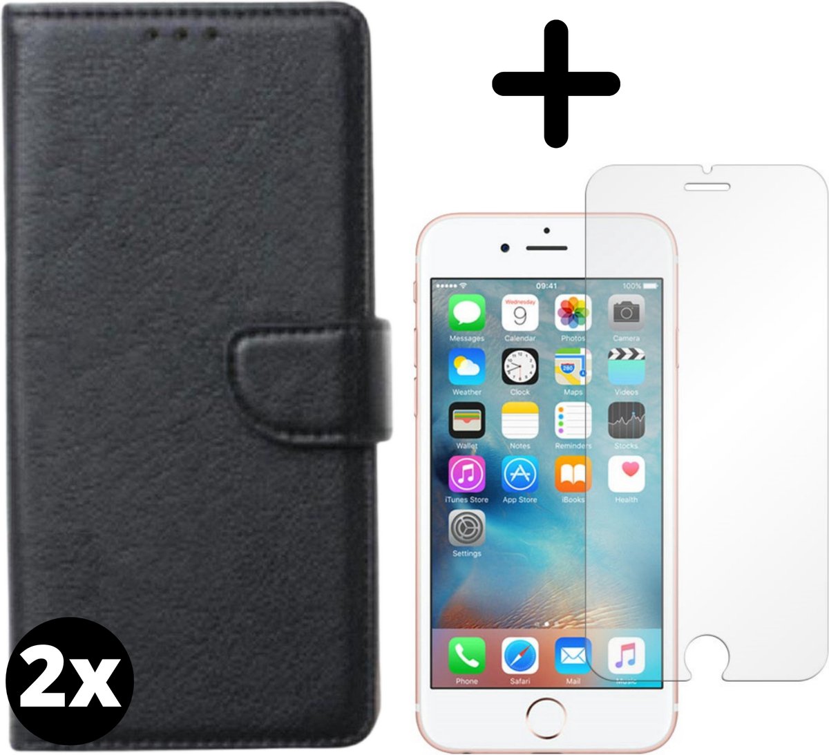 Fooniq Boek Hoesje Zwart 2x + Screenprotector 2x - Geschikt Voor Apple iPhone 7/8/SE 2020