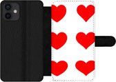 Bookcase Geschikt voor iPhone 12 Mini telefoonhoesje - Een illustratie met negen rode hartjes - Met vakjes - Wallet case met magneetsluiting