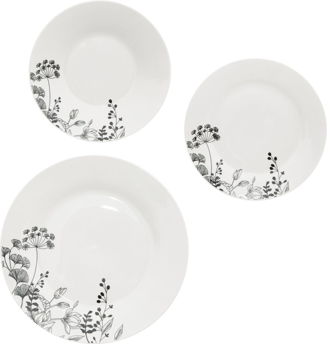 4goodz Wild Flower Porseleinen Servies set 6-persoons 18-delig - Wit/Zwart