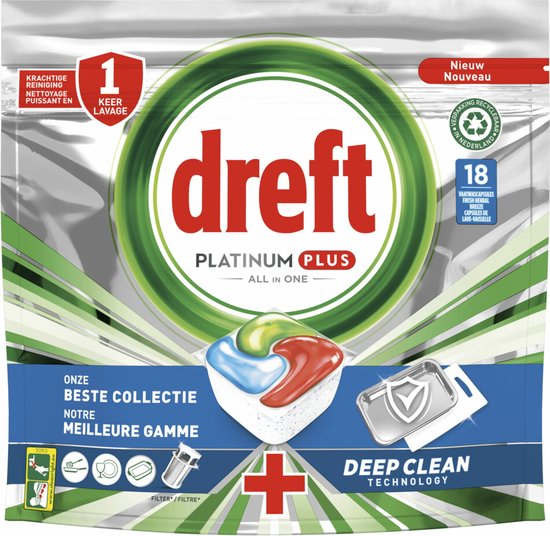 Dreft Platinum Plus All In One Vaatwastabletten Deep Clean 18 stuks