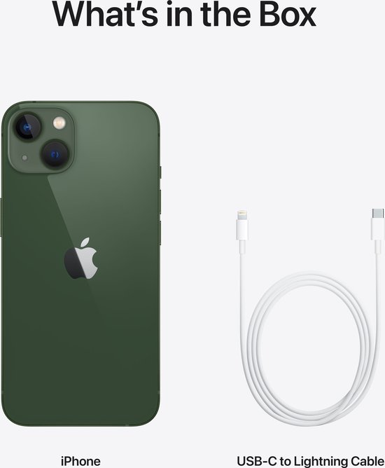 Groene iPhone 13 en een witte USB-C naar Lightning kabel.