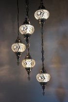 Turkse lamp Oosterse mozaïek hanglamp wit 5 bollen (zilverkleurig armatuur)